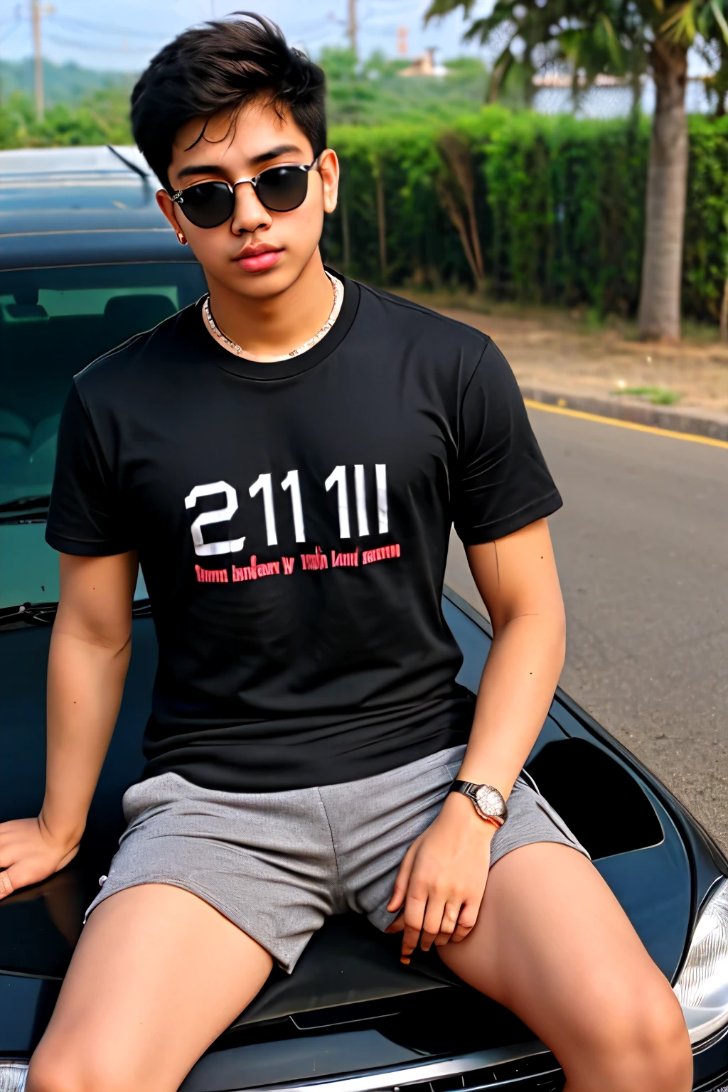21 year old boy wear black sunglass sitting on car and his t shirt write name Shobhit