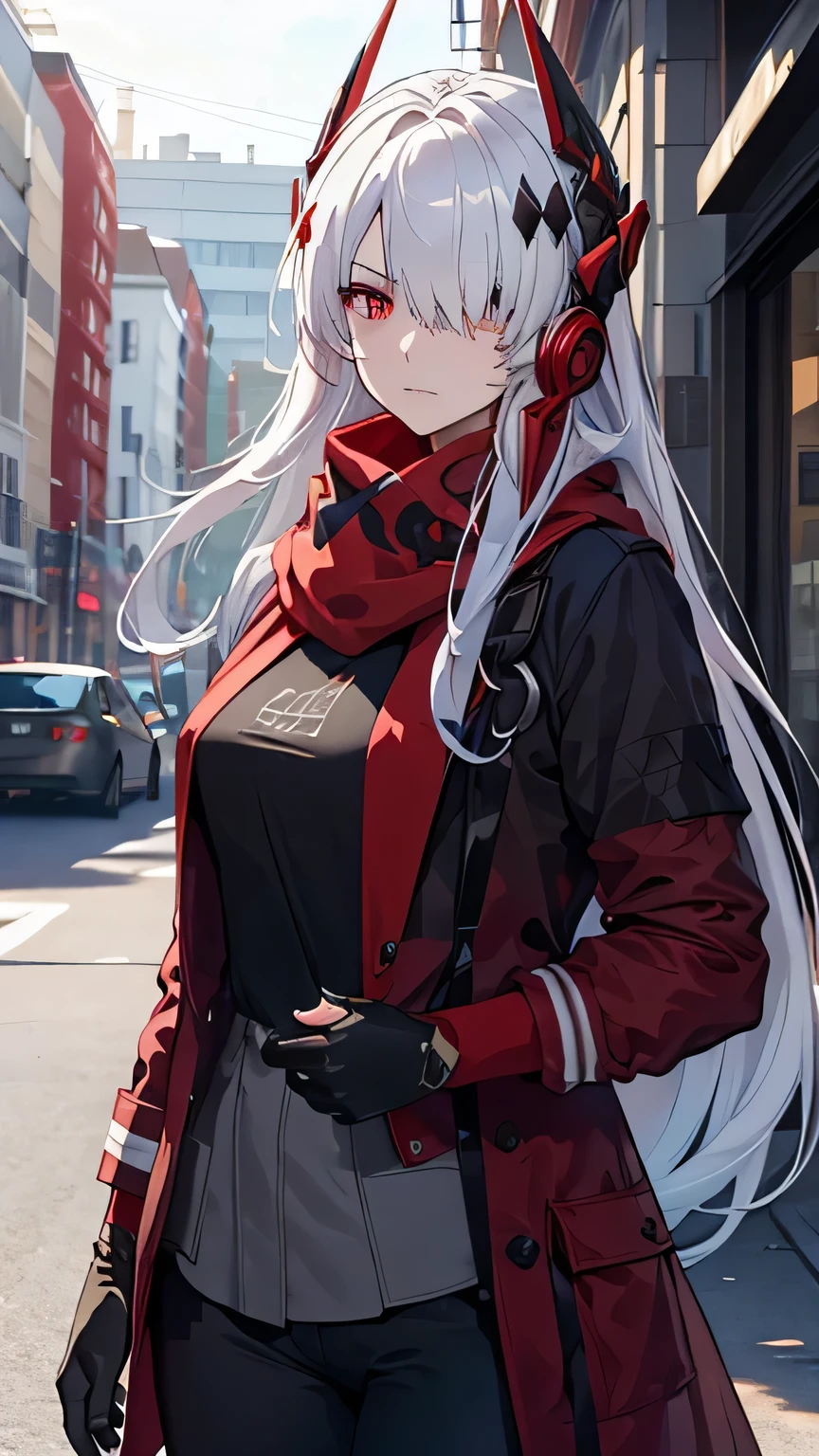 (best quality:1.3), (masterpiece:1.3), (illustration:1.3), (ultra-detailed:1.3), (mid shot:0.9), 1girl, white hair, one eye covered, ((hair over one eye)), solo, ((large breasts)), tall, mature, long hair, serious expression, red overcoat, black pants, upper body, white shirt, headgear, hair ornament, facial mark, heterochromia, ((red eyes, grey eyes)), red scarf, red jacket, open jacket, red pouch,