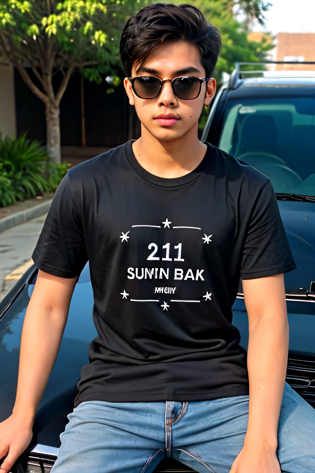 21 year old boy wear black sunglass sitting on car and his t shirt write name Shobhit