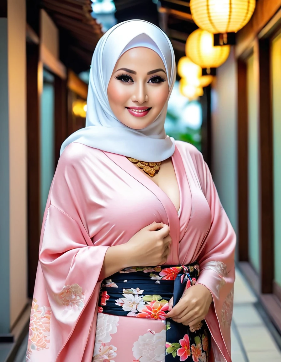 58 Years old, Indonesian busty mature woman, wearing Wide Hijab, perfect , natural Gigantic breast : 9, gorgeous eyes, Soft smile, wear a Tight Yukata, No Wearing Bra, necklace, Breast about to burst Out, Nightime walk, Excellent light, Light Colour.