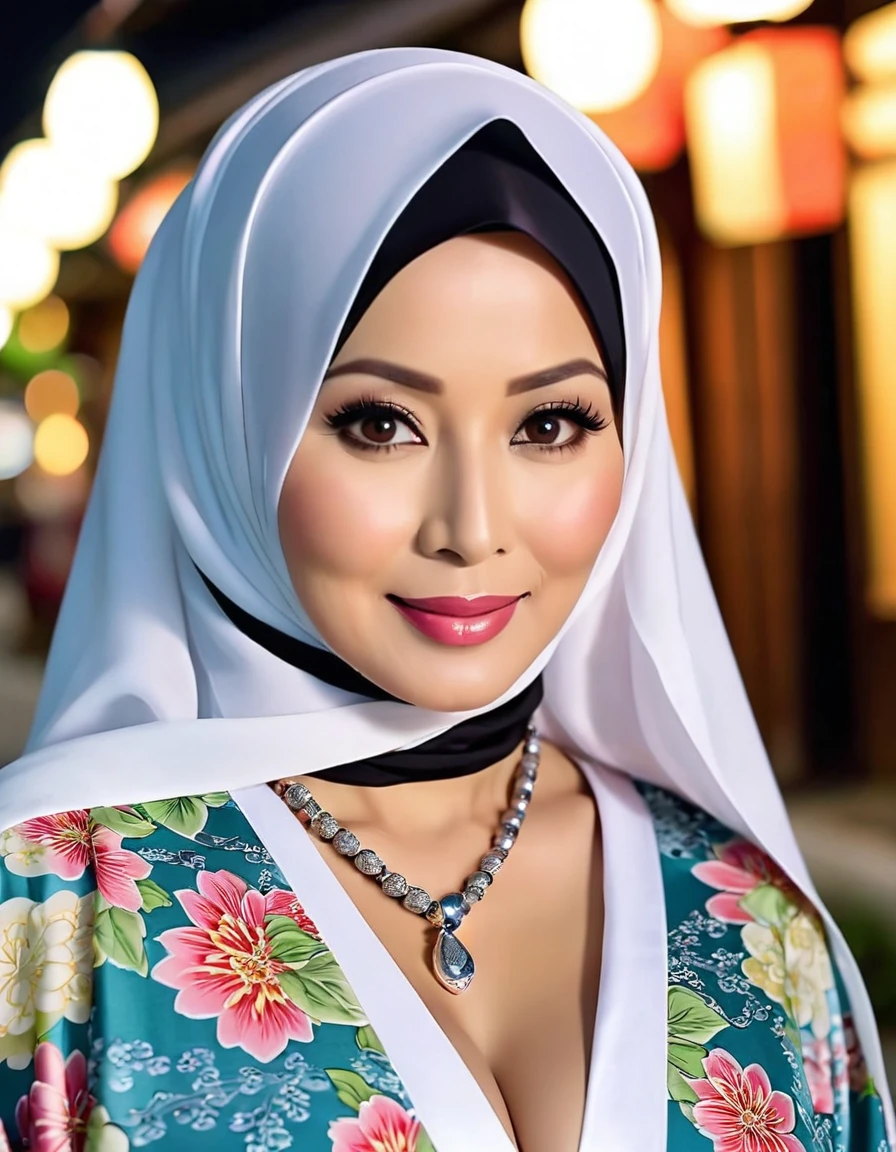58 Years old, Indonesian busty mature woman, wearing Wide Hijab, perfect , natural Gigantic breast : 9, gorgeous eyes, Soft smile, wear a Tight Yukata, No Wearing Bra, necklace, Breast about to burst Out, Nightime walk, Excellent light, Light Colour.