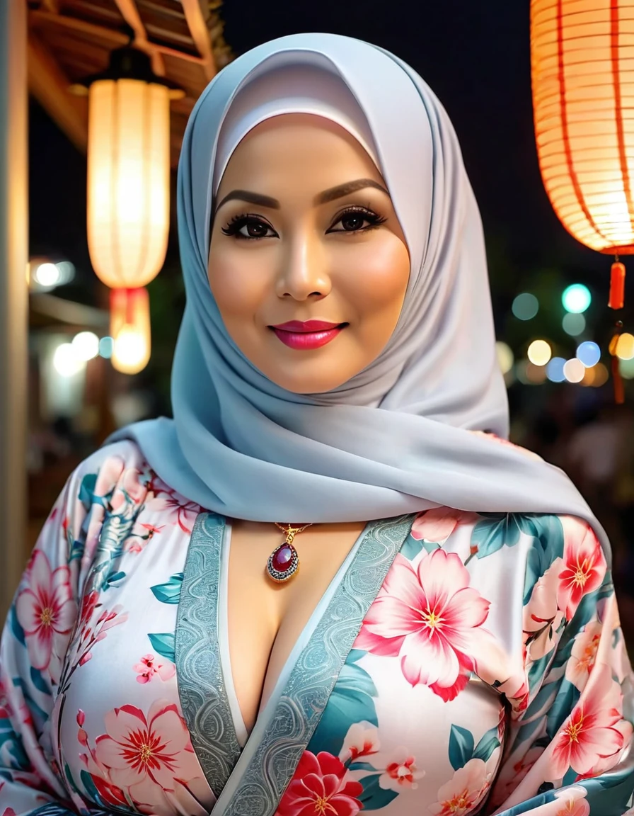 58 Years old, Indonesian busty mature woman, wearing Wide Hijab, perfect , natural Gigantic breast : 9, gorgeous eyes, Soft smile, wear a Tight Yukata, No Wearing Bra, necklace, Breast about to burst Out, Nightime walk, Excellent light, Light Colour.