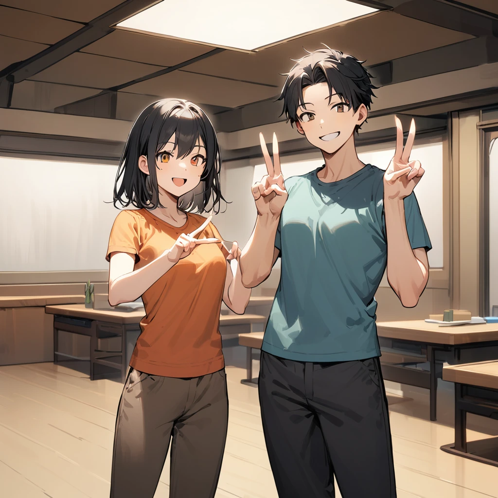 A confident smile, Two students demonstrating a gesture commonly associated with a peace sign while speaking by, slacks, Black Hair, indoor, in, skirt, shirt, ((((complete fiine fingers))))
