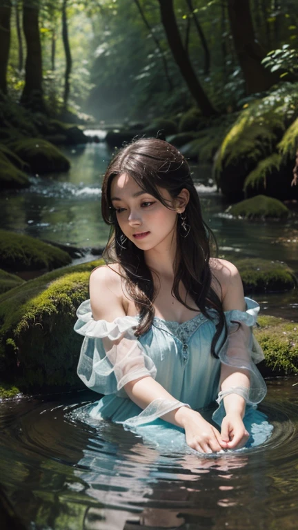 (best quality,4k,8k,highres,masterpiece:1.2),ultra-detailed,(realistic,photorealistic,photo-realistic:1.37),portrait of fairies,enjoying water play in a beautiful river in the forest,fairy with detailed face and hands, enchanted woodland scene, sparkling water, sunlight streaming through the trees, vibrant colors, ethereal atmosphere, delicate wings, flowing dresses, mischievous expressions, shimmering reflections on the water surface
