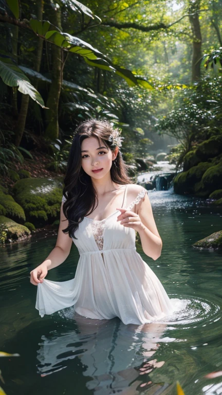 (best quality,4k,8k,highres,masterpiece:1.2),ultra-detailed,(realistic,photorealistic,photo-realistic:1.37),portrait of fairies,enjoying water play in a beautiful river in the forest,fairy with detailed face and hands, enchanted woodland scene, sparkling water, sunlight streaming through the trees, vibrant colors, ethereal atmosphere, delicate wings, flowing dresses, mischievous expressions, shimmering reflections on the water surface