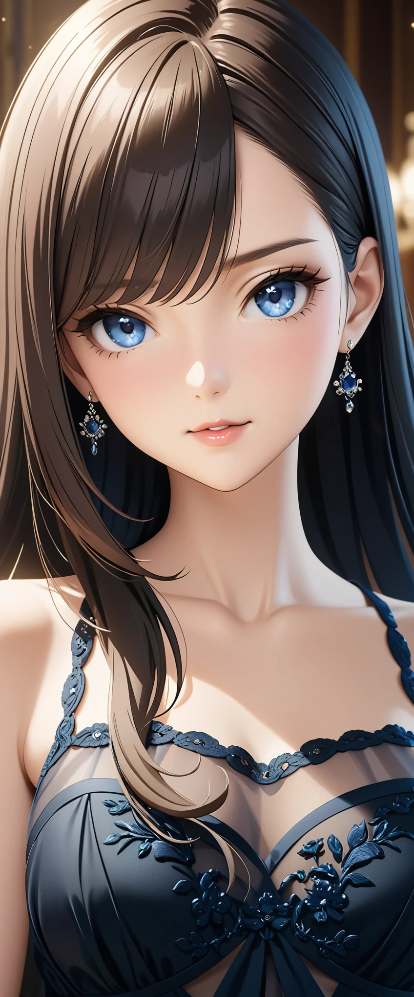 portrait, Elegant adult women, blue eyes, Long hair, side swept bangs, Sheer dress, see through dress, 4K resolution, High quality CG, fair
