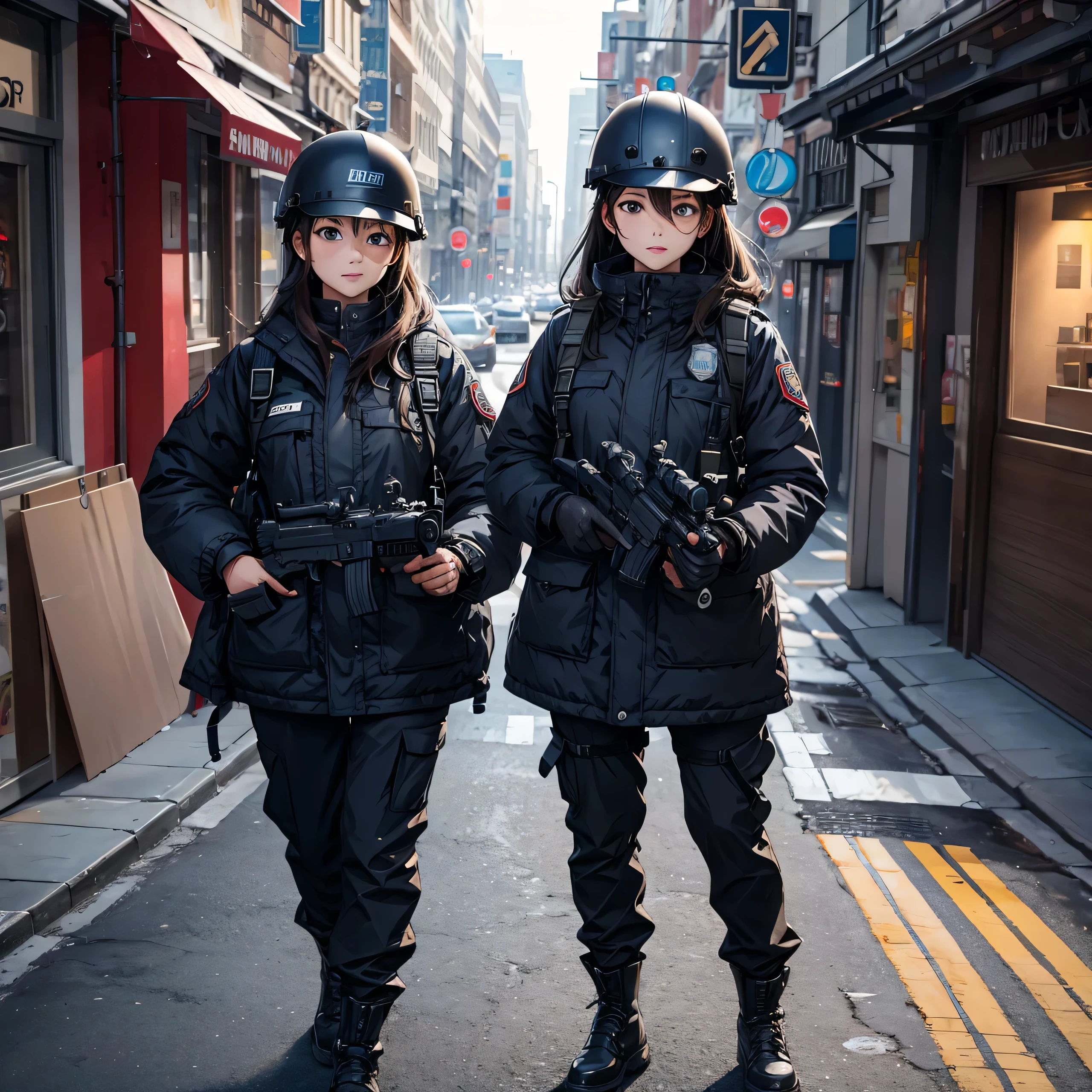 Couple of policewomen on winter street、Wear a steel helmet、Wear all coats Parka、Standing guard、Write details、masterpiece、best quality、Highly detailed CG、8K picture quality