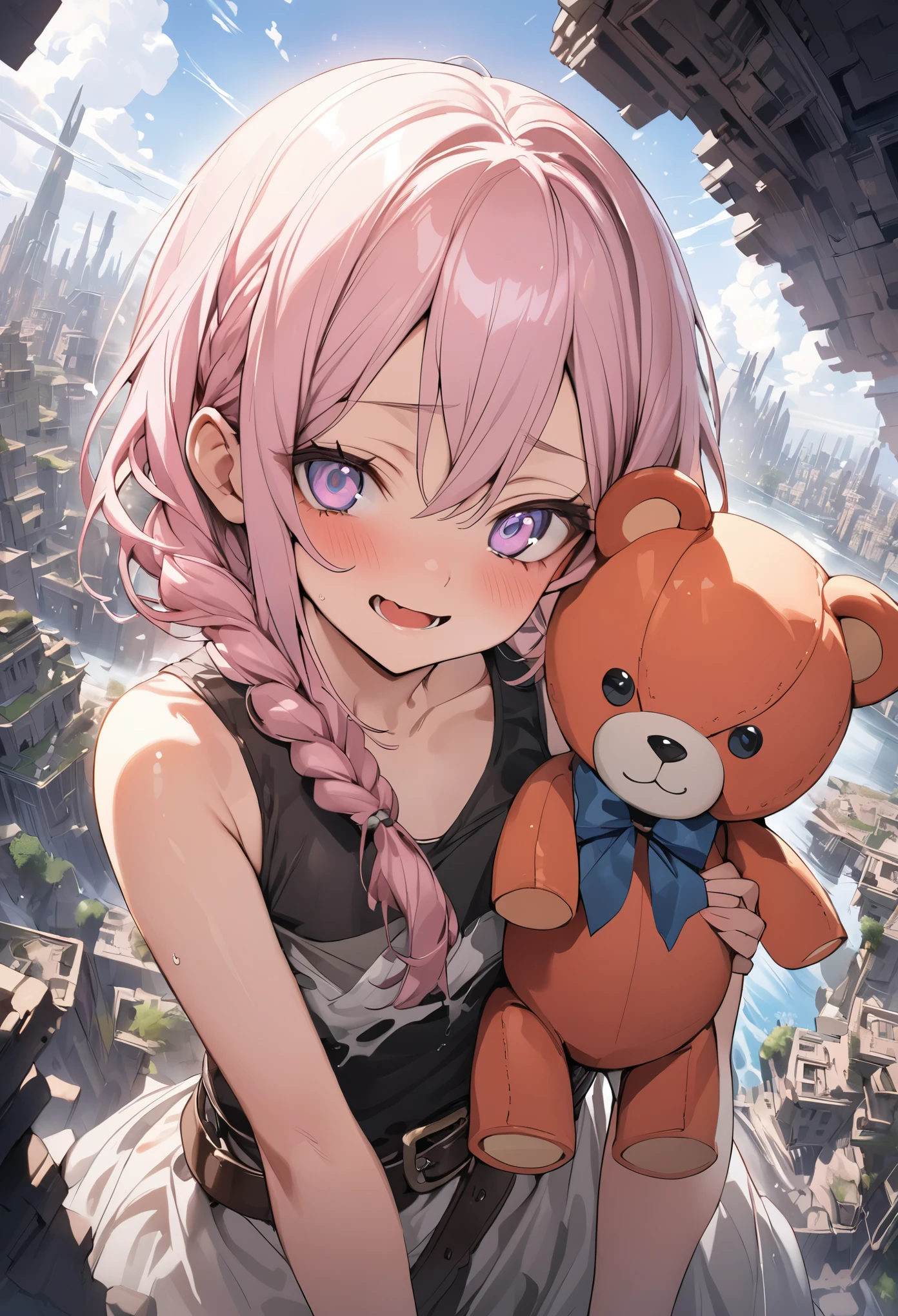 ((Masterpiece)), ((best quality)), (Anime:1.3), (super detail:1.2), (High Definition:1.3), (Professional Photography:1.4), (sharp focus), (perfect light),(()), 1girl, cute teenage girlossy skin, (sad smile), open mouth, (Cuddling a raggedy teddy bear), beautiful Slender body, (Healthy body), small breast, (pale pink Hair), loose braid, cute eyes, round eyes, (ragged tanktop), hoop skirt, (burly belt), BREAK, ((best quality)), ((Submerged collapsed city)),