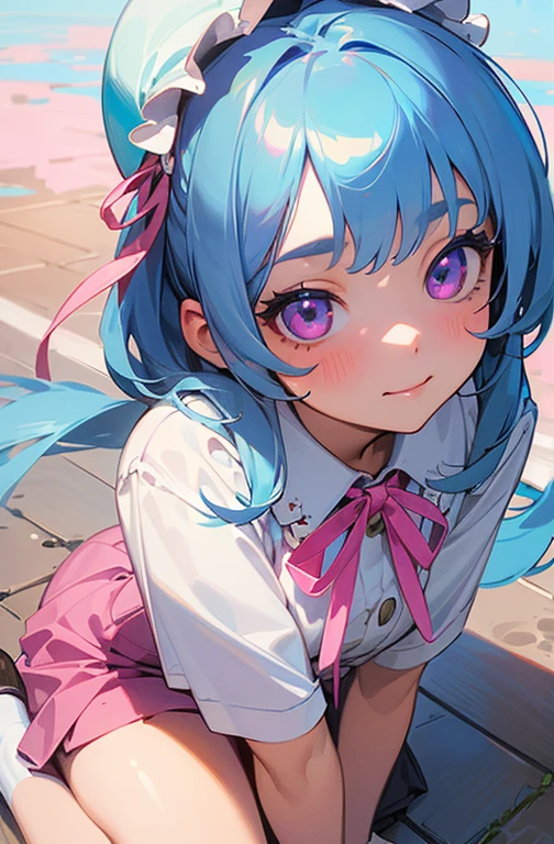 (detailed beautiful eyes and detailed face, masterpiece side light, masterpiece, highest quality, detailed, High resolution illustrations), (1 girl, beautiful girl, Shiny skin), (Sky Blue Hair, Pink Eyes, skirt, ribbon, Button-down shirt)(Kneel on the ground)、Face close-up、Laugh gently、
