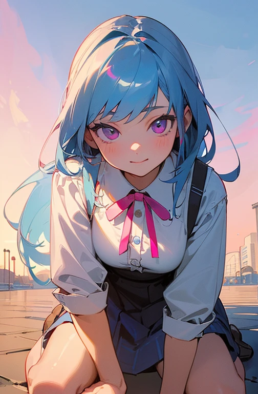 (detailed beautiful eyes and detailed face, masterpiece side light, masterpiece, highest quality, detailed, High resolution illustrations), (1 girl, beautiful girl, Shiny skin), (Sky Blue Hair, Pink Eyes, skirt, ribbon, Button-down shirt)(Kneel on the ground)、Face close-up、Laugh gently、