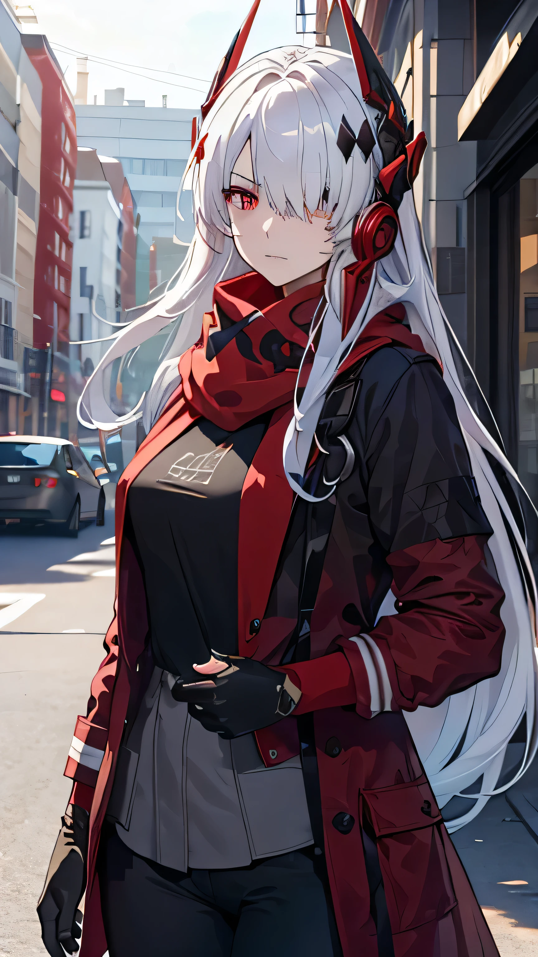 (best quality:1.3), (masterpiece:1.3), (illustration:1.3), (ultra-detailed:1.3), (mid shot:0.9), 1girl, white hair, one eye covered, ((hair over one eye)), solo, ((large breasts)), tall, mature, long hair, serious expression, red overcoat, black pants, upper body, white shirt, headgear, hair ornament, facial mark, heterochromia, ((red eyes, grey eyes)), red scarf, red jacket, open jacket, red pouch,