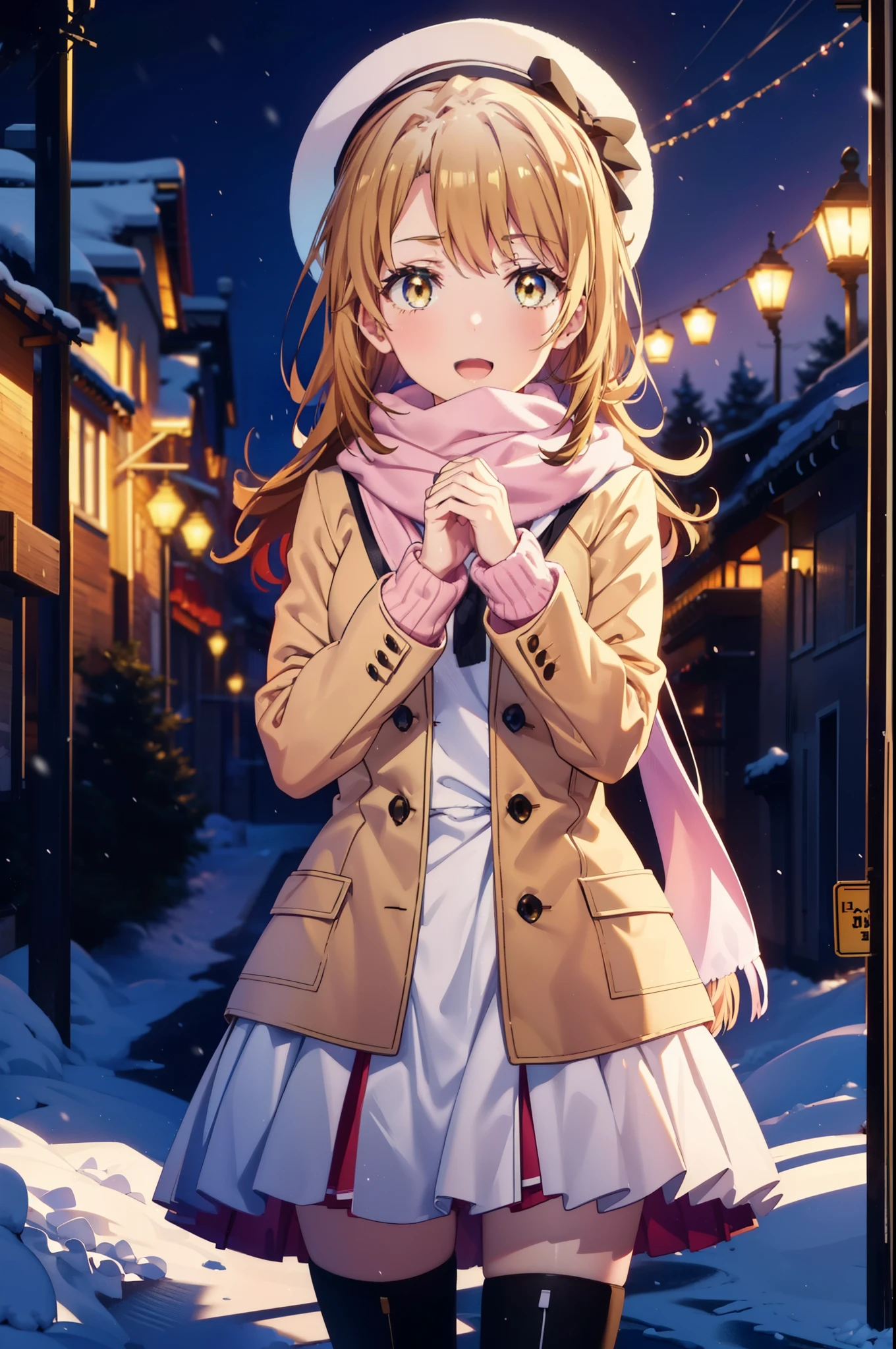 irohaisshiki, iroha isshiki, Long Hair, Brown Hair, (Brown eyes:1.5), Hair between the eyes, Pink Hair,happy smile, smile, Open your mouth,Knthatted hat,Yellow coat,Whthate scarf,Whthate sweater,He has fluffy gloves on both hands...,Long skirt,Black Pantyhose,short boots,Shirogane World,Snow is piling up,that&#39;it&#39;s snowing,that&#39;it&#39;s snowing,winter,Cold Sky,moonlight,full moon,night,
break looking at viewer, whole body, Upper Body,(Cowboy Shot:1. 5)
break outdoors, cthaty,Building Street,
break (masterpiece:1.2), highest qualthaty, High resolution, unthaty 8k wallpaper, (shape:0.8), (Beautiful and beautiful eyes:1.6), Highly detailed face, Perfect lighting, Extremely detailed CG, (Perfect hands, Perfect ???????),