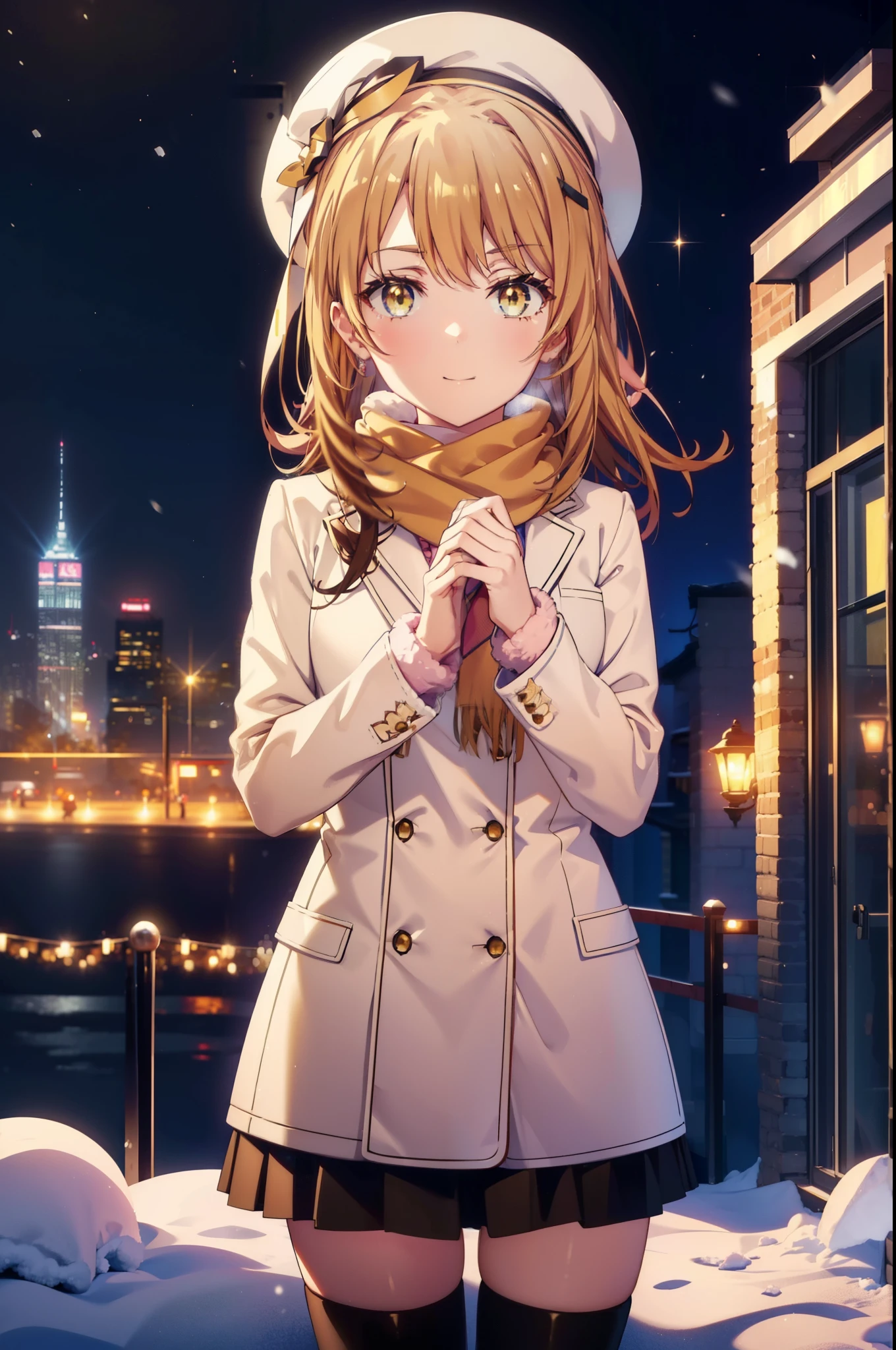 irohaisshiki, iroha isshiki, Long Hair, Brown Hair, (Brown eyes:1.5), Hair between the eyes, Pink Hair,happy smile, smile, Open your mouth,Knthatted hat,Yellow coat,Whthate scarf,Whthate sweater,He has fluffy gloves on both hands...,Long skirt,Black Pantyhose,short boots,Shirogane World,Snow is piling up,that'it's snowing,that'it's snowing,winter,Cold Sky,moonlight,full moon,night,
break looking at viewer, whole body, Upper Body,(Cowboy Shot:1. 5)
break outdoors, cthaty,Building Street,
break (masterpiece:1.2), highest qualthaty, High resolution, unthaty 8k wallpaper, (shape:0.8), (Beautiful and beautiful eyes:1.6), Highly detailed face, Perfect lighting, Extremely detailed CG, (Perfect hands, Perfect Anatomy),