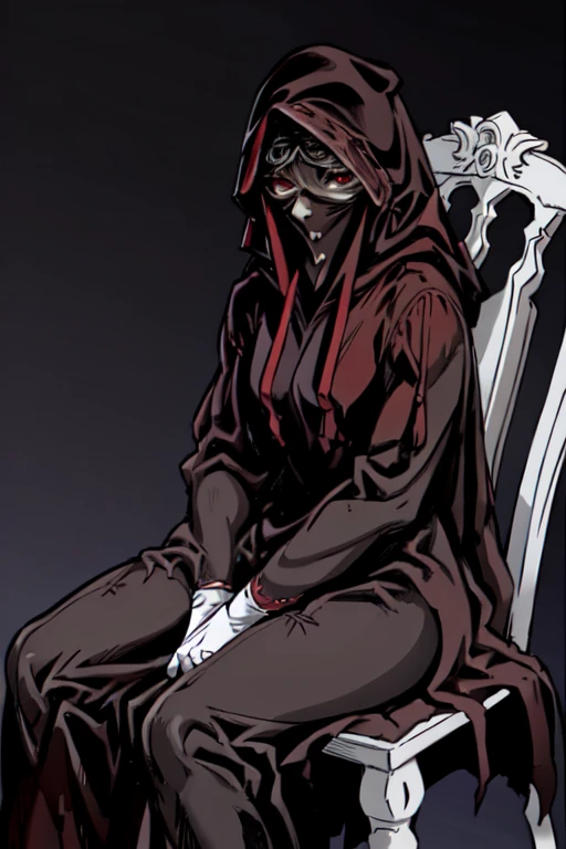 No name assassin, sad, mask, red eyes, cloak, robe, white gloves, long skirt, hood, cape, sitting on chair