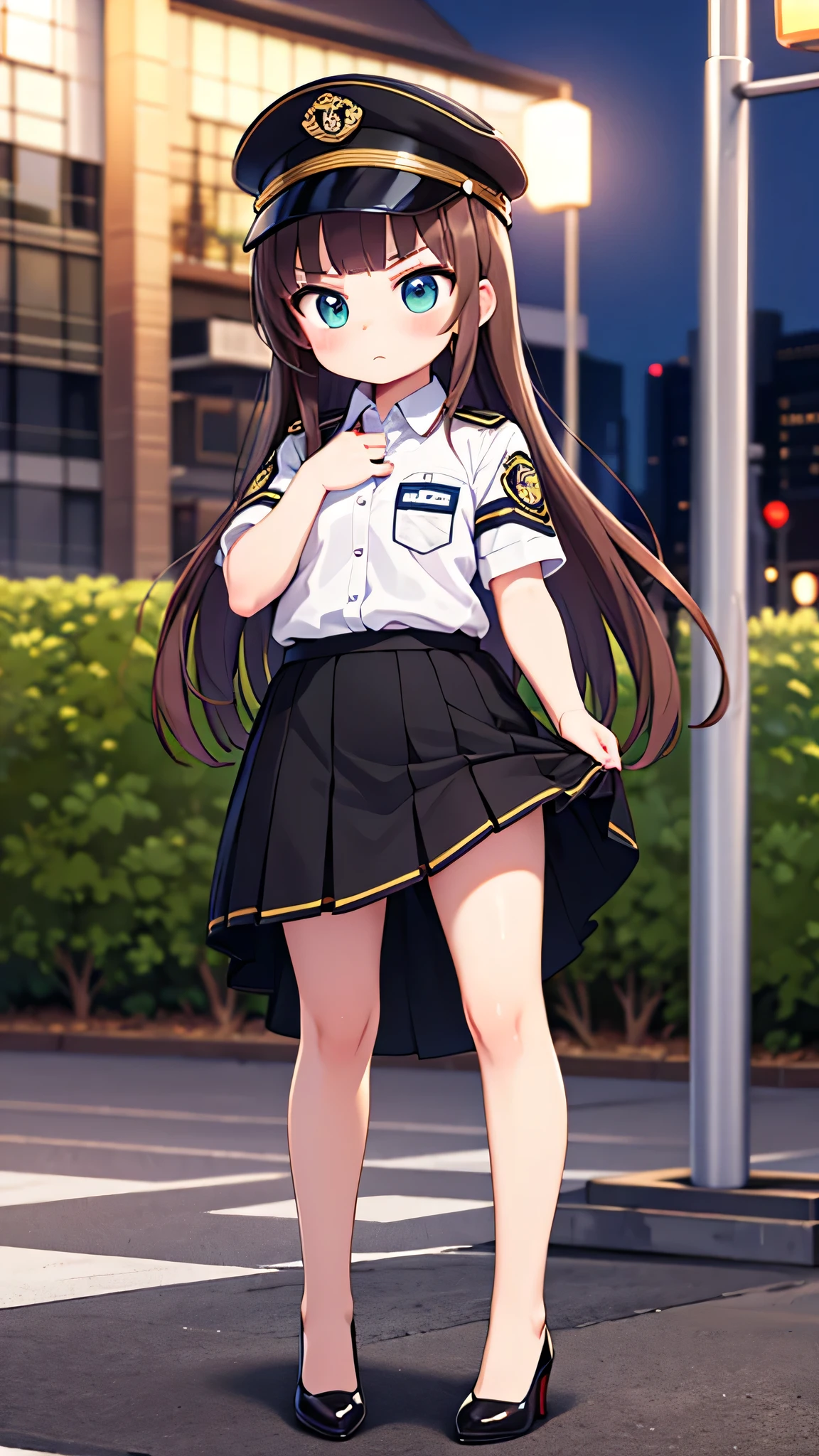 {highest quality], [Super beautiful], [Ultra fine], [Best illustration], NSFW,Brown Hair, Hime cut, Long Hair, With bangs, girl, Uniform cap,Security uniform, Angry face, blush, Slender women, Long straight skirt, Standing posture,（Public）Night Park, diagonal, From diagonal, Bare feet and pumps, Plain black pumps