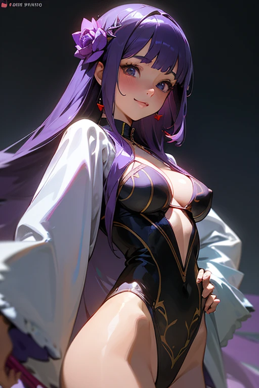 Face close-up、1 girl, Blunt bangs, Wide sleeves, hair ornaments,Swimwear、(Purple Hair:1.2), Very long hair, Straight hair, Looking at the audience, Highly detailed background, (Realistic:1.2), Beautiful Eyes, Red eyeshadow, Written boundary depth,thigh, (Ulzzang-6500:0.7), Upper Body, (alone:1.2), Cleavage, Shiny skin、Hair blowing in the wind、Four fingers, One thumb、Rose、Floral pattern on clothes、drink alcohol、Keep your hands on your hips、Face close-up、close、Stick your butt out、Laugh gently、Swimwear、A kind smile、