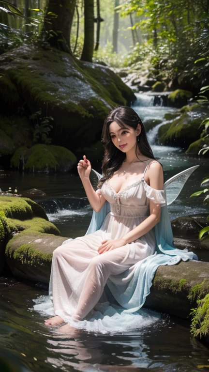 (best quality,4k,8k,highres,masterpiece:1.2),ultra-detailed,(realistic,photorealistic,photo-realistic:1.37),portrait of fairies,enjoying water play in a beautiful river in the forest,fairy with detailed face and hands, enchanted woodland scene, sparkling water, sunlight streaming through the trees, vibrant colors, ethereal atmosphere, delicate wings, flowing dresses, mischievous expressions, shimmering reflections on the water surface