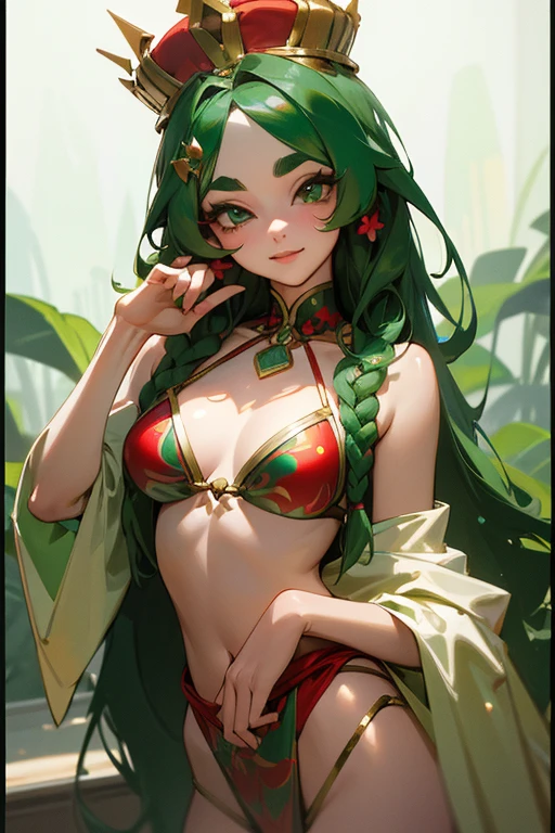 (highest quality, masterpiece:1.2), High resolution, Very detailed, Realistic:1.37, Fantasy, An illustration, Green Eyes、Queen, Red and green swimsuit、Platinum decoration、beautifully、Eyeshadow Red、Thick eyebrows、Long eyelashes、pupils are black、Her hair is dark green、Gold crown、Kissing Face、Embarrassing、Beloved by the crowd、Hair is green、Braiding、hair ornaments、Laugh gently、Close one eye、Wink、Wink、From the waist up、bikini、