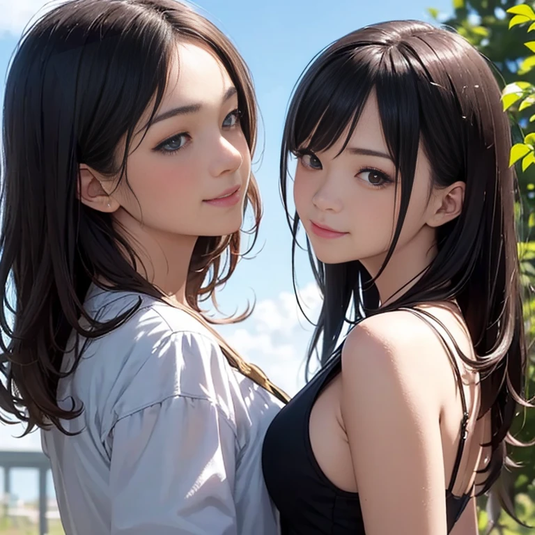 Shiraishi Mei, Looks exactly like Shiraishi Mei, A kind smile, , ,Long Hair, Dark brown hair, 2 girls, 18-year-old, photograph, Realistic, highest quality, Detailed face, Strong sunlight, blue sky、White cloud、 Detailed Background, Diffused sunlight, Written boundary depth, Bokeh (highest quality: 1.2), (masterpiece: 1.2), Watch Viewer, one piece,Back view