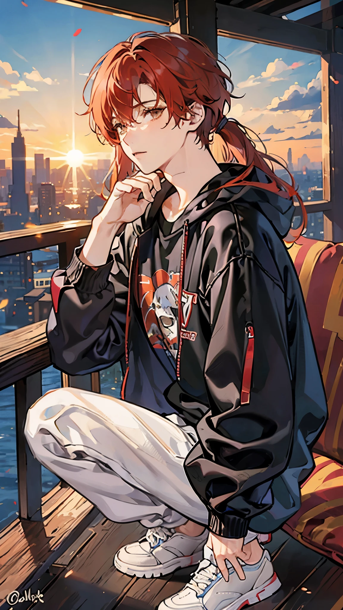 (Man, ager. Brown eyes and red hair, dressed in a black sweatshirt, stands in the evening in sneakers and sweatpants, with shaggy hair, lit by the setting sun. Hair in tale).
