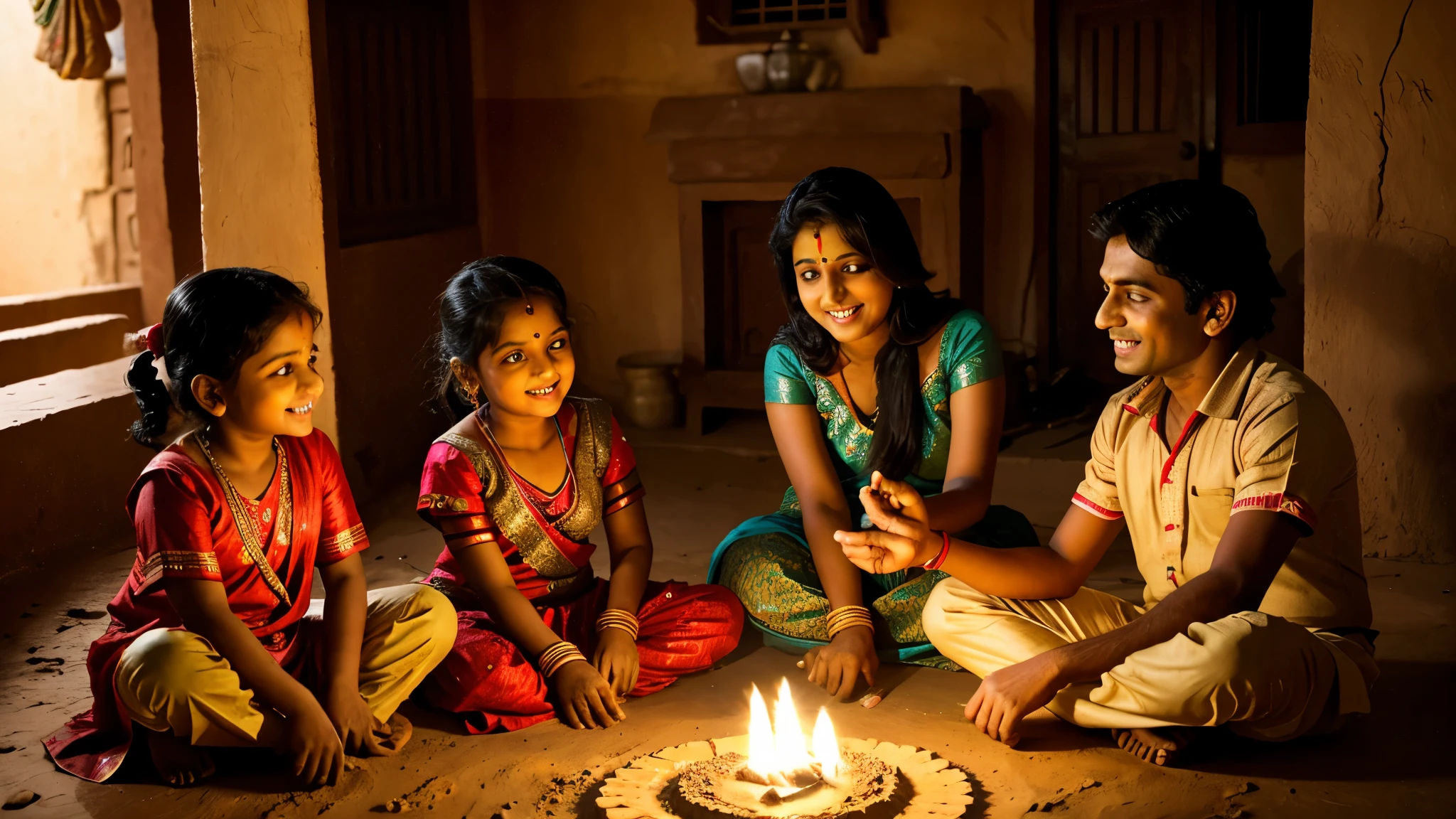 Indian family celebrating the Diwali kids playing with crackers mother enlightening DIA of mud house decoration