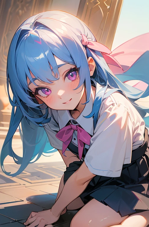 (detailed beautiful eyes and detailed face, masterpiece side light, masterpiece, highest quality, detailed, High resolution illustrations), (1 girl, beautiful girl, Shiny skin), (Sky Blue Hair, Pink Eyes, skirt, ribbon, Button-down shirt)(Kneel on the ground)、Face close-up、Laugh gently、