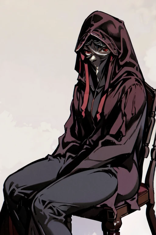 No name assassin, sad, mask, red eyes, cloak, robe, white gloves, long skirt, hood, cape, sitting on chair 