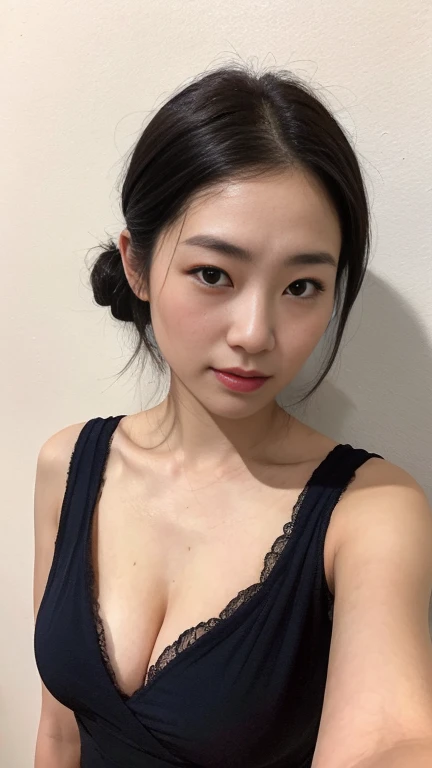 highest quality,masterpiece,Ultra-high resolution,(Realistic:1.4),Beautiful lighting, (Highly detailed CG Unity 8k wallpaper), Beautiful face in every detail,Detailed clothing, 50mm portrait photography, No background、One Girl,Big black eyes, cute, young, Pause, Facial Lighting, Physically Based Rendering,Written boundary depth , Black Hair, (Short bun hair), ((Take from above)), Japanese women、20-year-old、Navy floral dress、(Big Breasts)、(Upper Body)、Beautiful young woman taking a selfie, Taken with iPhone camera、In front of a white wall