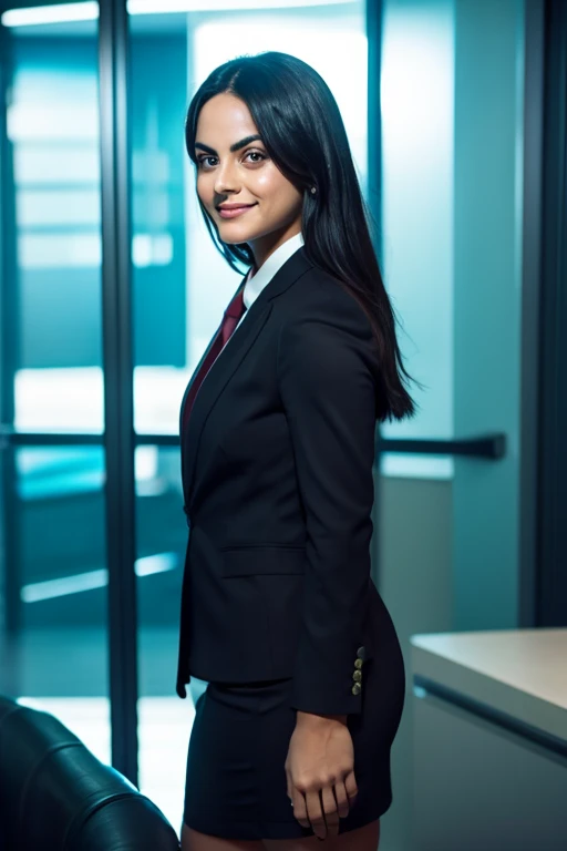 Camila Mendes dressed as a lawyer and smiling sexy