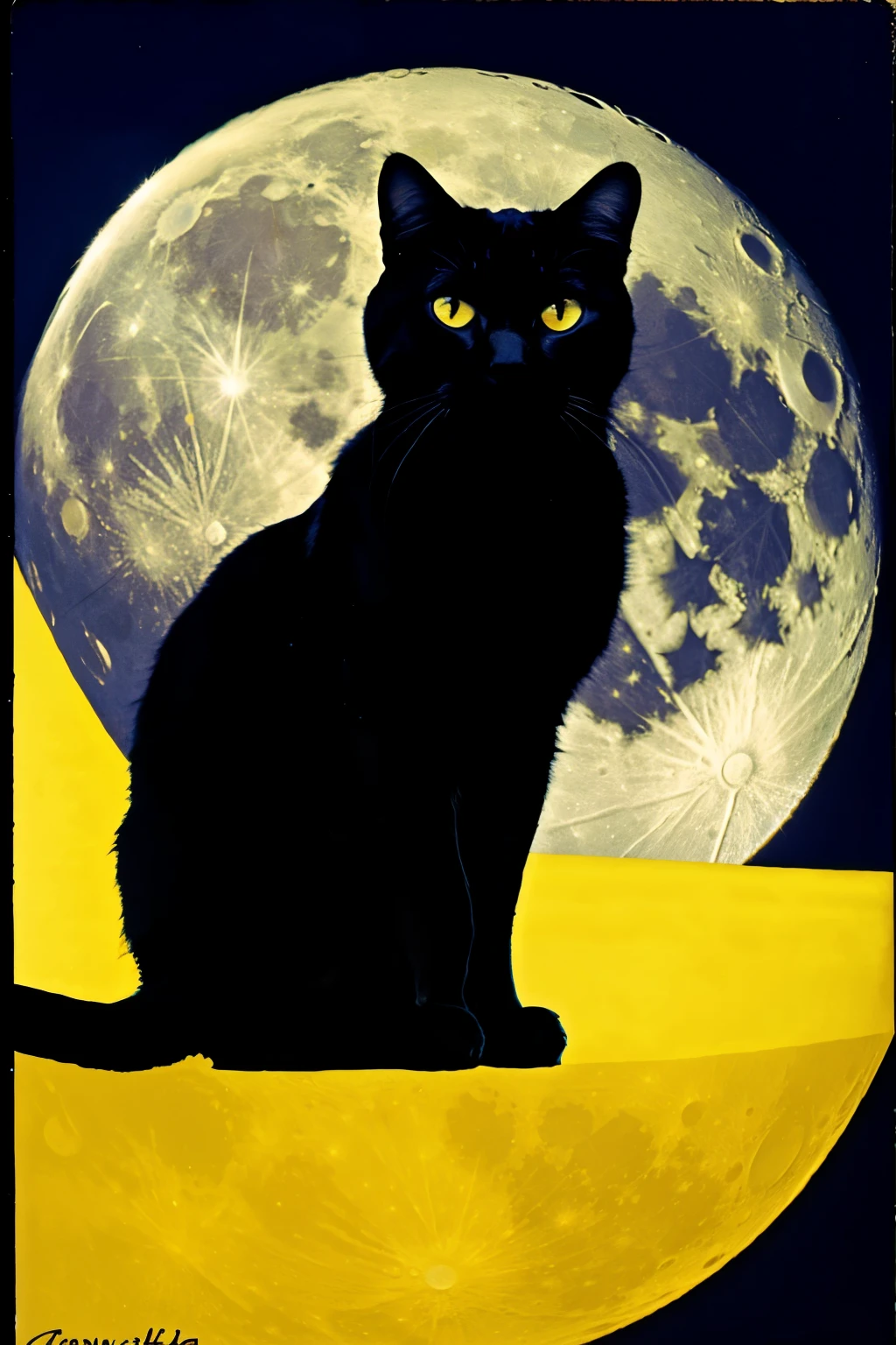 A cat on a blue and yellow moon 
