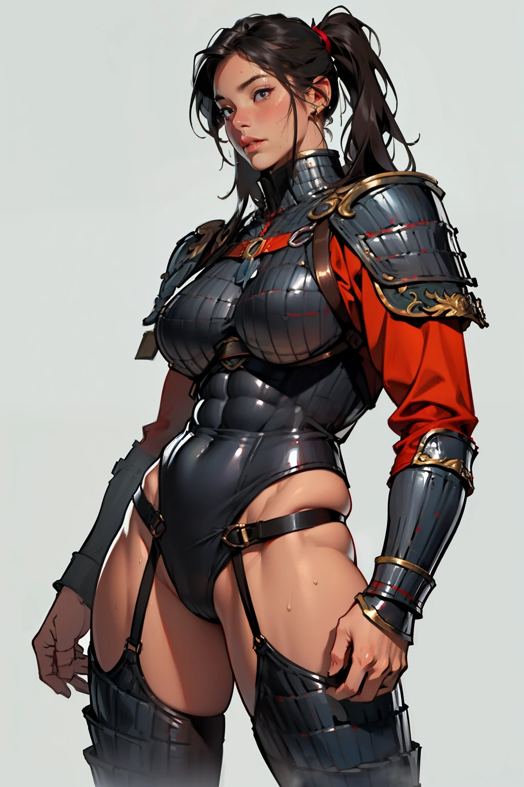 (high resolution, pixel perfect, realistic, gorgeous illustrations), (hyper quality, muste piece, etheric: 1.4), ((1girl)), ((stand,open legs)), cool atmosphere, Twintails with black hair, ((Exquisite face)), (((((((muscular))))))), ((thick thighs)), (((wide hips))), ((Big breasts that are about to burst)), fighter, (((wh_chi_armor, bodystocking))), ((cameltoe)), shiny skin, gleaming skin, sweat, simple background,