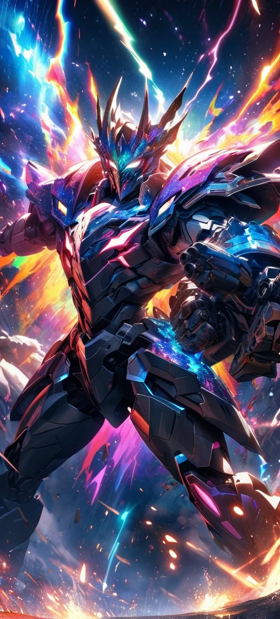 absurdres, highres, ultra detailed, HDR, masterpiece, extremely detailed face and eyes, colorful shinning Galaxy God Mecha armor dragon knight, Epic mecha leviathan mask,,colorful Black hair , , solo, ,man, handsome, , , Epic fight scene, colorful splashing effect,colorful lightning effect,glowing glitters , galaxy background