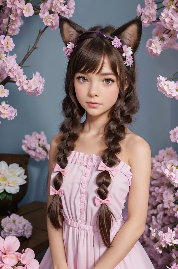 1girl, naked, animal ears, purple eyes, brown hair, wings, solo, long hair, blush, cat ears, flowers, looking at viewer, braids, bows, dresses, pink flowers, bows, hair accessories, bangs, cats, hair flower, animal ear hair, holding, virtual youtuber, blue bow, holding animal, catwoman, stuffed toy