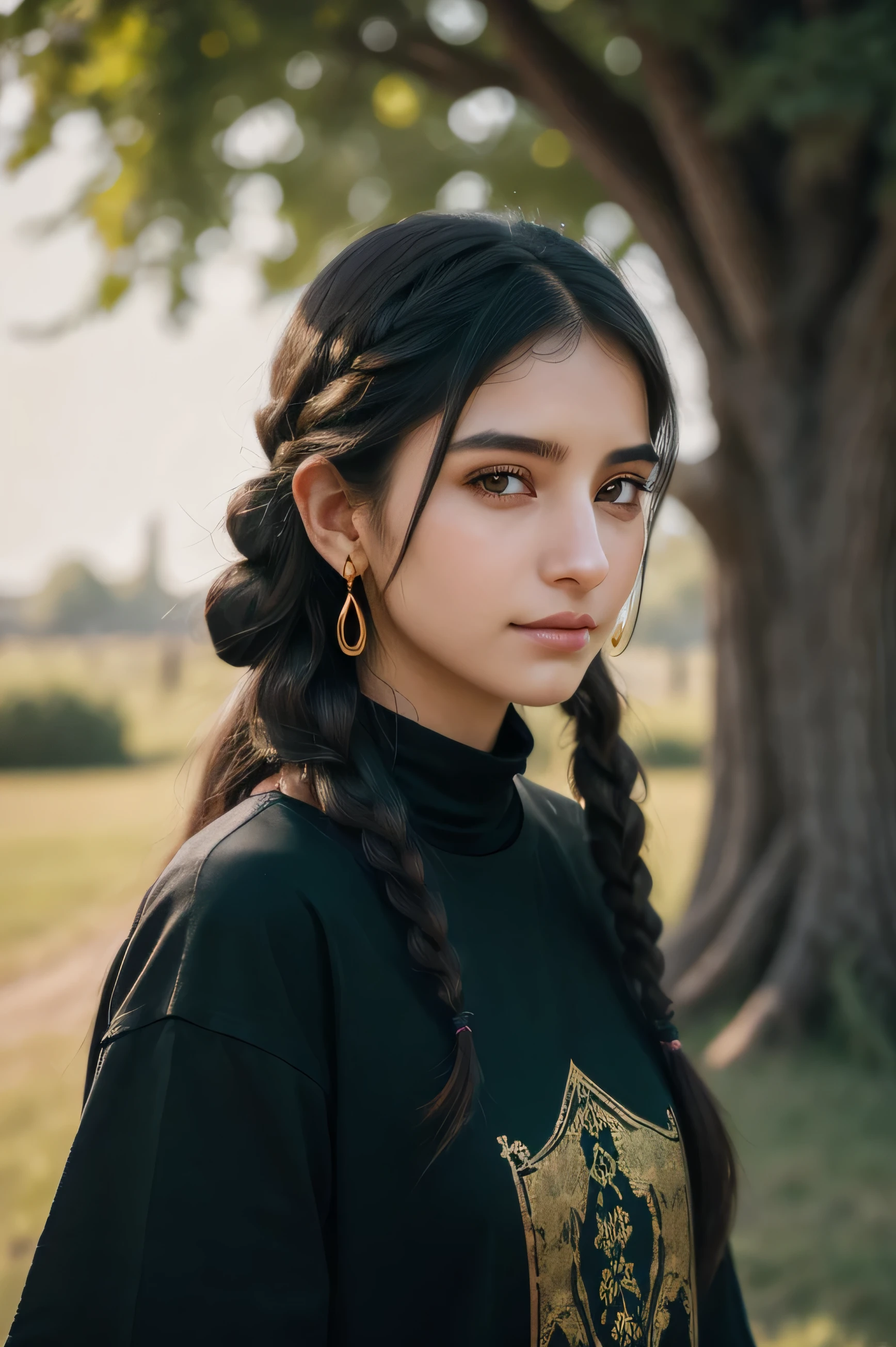 Girl with black brown hair. High quality 4K. Long hair tied in one long black braid. ghost. Slight smile. Dark brown eyes. T-shirt بلون ازرق. Loose jeans. Close-up on the face, looking to the right side. Pale wheat skin. Green background. Big elm tree. Small gold long earrings. 