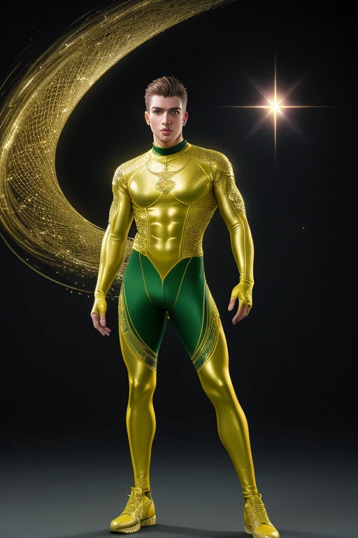 Full full body photorealistic ultra realism high definition aesthetic stabilized diffusion picture of handsome hunky fractal clean shaven as celestial Gaio, wearing green and gold waves filigree sparkling biomorphic transparent overall tight fit spandex and gloves., standing firmly,, face and body frontal camera focus. hand on the hips.