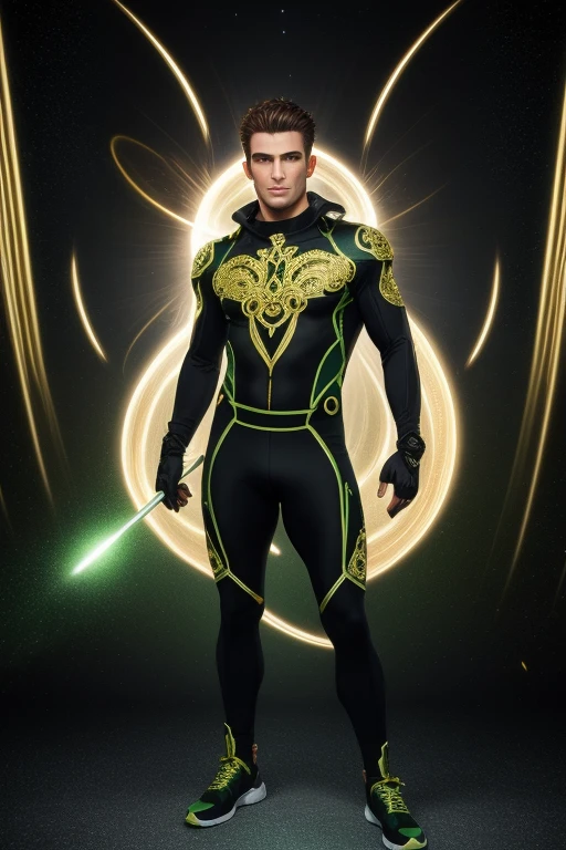 Full full body photorealistic ultra realism high definition aesthetic stabilized diffusion picture of handsome hunky fractal clean shaven as celestial Gaio, wearing green and gold waves filigree sparkling biomorphic transparent overall tight fit spandex and gloves., standing firmly,, face and body frontal camera focus. hand on the hips.
