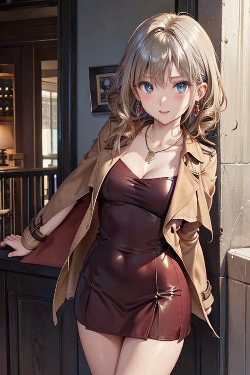 #Basics Girl posing for a photo, animeのかわいい女の子, (((One Girl, Baby Face, ))), 
BREAK 

#Clothing Accessories
(((Wine Red Midi Dress + Camel coloured trench coat + Leather ankle boots), big silver necklace, Gold hoop earrings)),   
BREAK 

#Features
(Blonde:1.4, (Very long back hair, Messy back hair, Curly hair with natural curls at the back)), 
(Droopy eyes,blue eyes), 
(Small breasts), 
BREAK 

#expression
(Grin), 

#background environment
((noon, Sunlit downtown, congestion)), 
#composition
(Dynamic Pose + spread both arms left and right:1.4, from the front:1.4, Cowboy Shot:1.4), 
BREAK 

#Body parts elements
(Beautiful Hair,Shiny Hair), 
(double eyelid, Long eyelashes), 
(Expression of fine eyes, Beautiful and delicate eyes, Sparkling eyes, Eye Reflexes), 
(Beautiful Nose, Thin Nose), 
(Glossy lips, Beautiful Lips, Thick lips), (Symmetrical facial featu
(Detailed skin, Textured skin, Beautiful Skin), 
BREAK 

#Quality
(((highest quality)), ((masterpiece)), ((Very detailed))), 
((High resolution), (16k,1080p)), 
(Realistic), (Anatomically correct), 
((comics, anime)), (3DCG), CG illustration,
