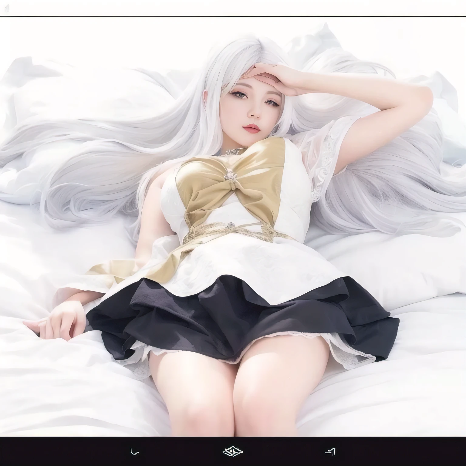  Cute girl laying in bed with her head on her hands, white haired deity, white dress!! of silver hair, perfect white haired girl, realitas