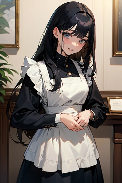 (Highest Resolution, clear_image) highest quality, One woman, alone, masterpiece, Very detailed, Semi-realistic, Black Hairのショートヘア, Black Hair, bangs, 18-year-old, mature, light blue uniform, uniform, Indoor Background, kind, Authoritative, Powerful, exquisite features, exquisite features、Eyelashes become longer、Showing teeth、smile😀、Maid clothes、woman&#39;Fingers in the、Sleeping on the sofa、Long Hair、Fluttering in the wind、Navy blue clothes、Long Hair、I&#39;Carrying the plate、Long Hair、