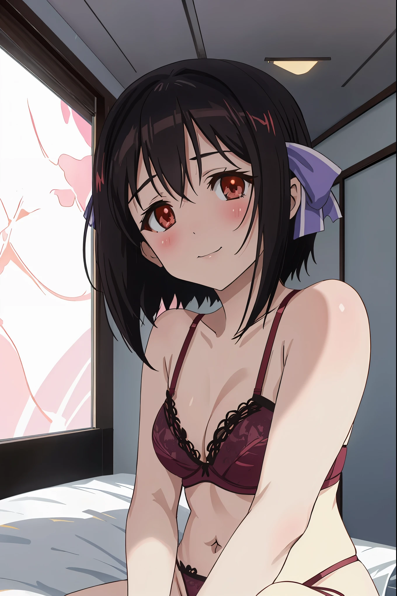 nsfw,Tomomi_Xijing,(red eyes),black hair,Short hair,bob cut,Hair Ribbon,,NSFW,1girl in,(sitting),short torso,anime screen cap,Flat color,cel shading,blush,seductive smile,(strong light),((brighten the subject)),[purple floralpanties],[purple floral bra],[perfect anatomy],(lingerie) break background bedroom,bed