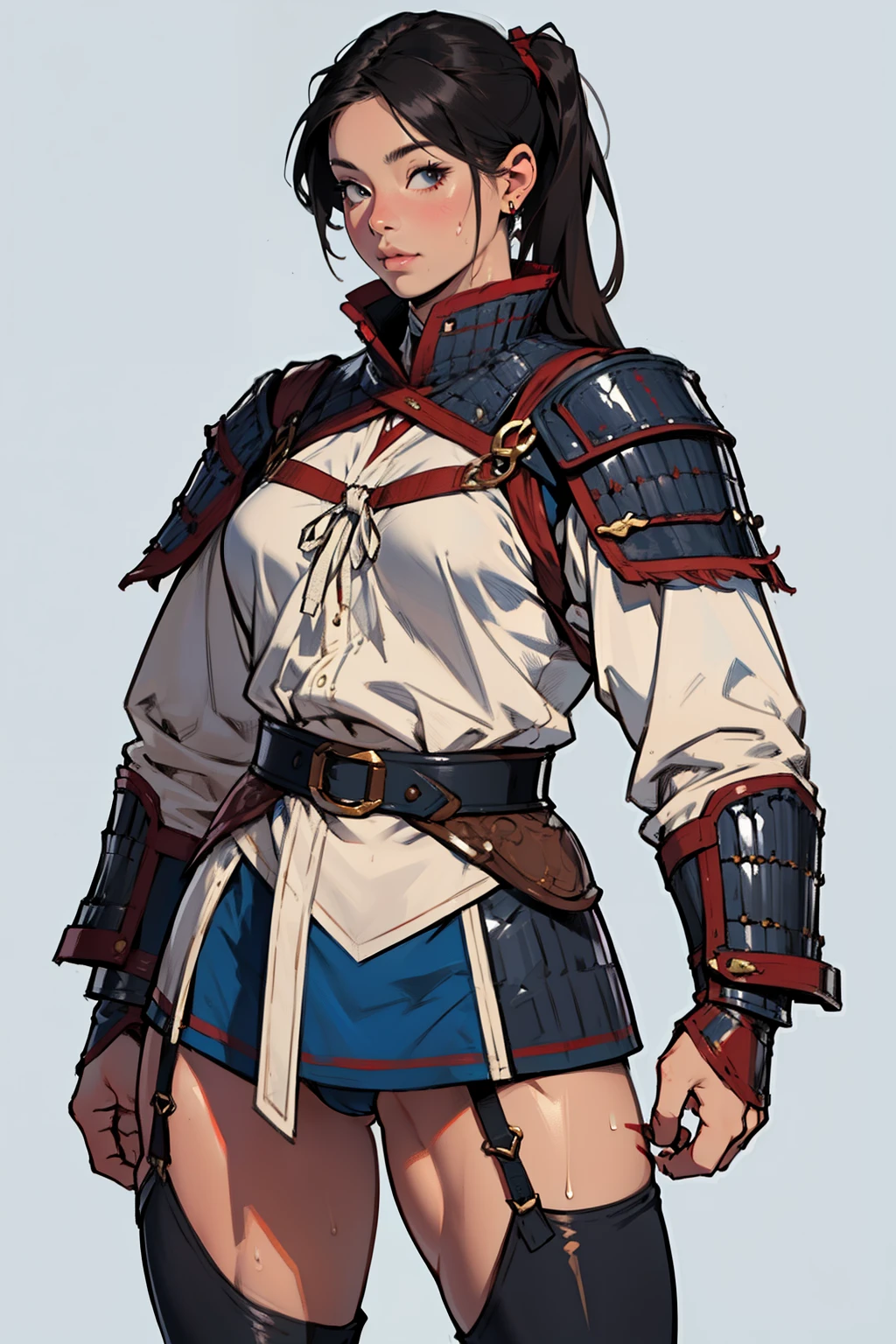 (high resolution, pixel perfect, realistic, gorgeous illustrations), (hyper quality, muste piece, etheric: 1.4), ((1girl)), ((stand,open legs)), cool atmosphere, Twintails with black hair, ((Exquisite face)), (((((((muscular))))))), ((thick thighs)), (((wide hips))), ((Big breasts that are about to burst)), fighter, (((wh_chi_armor, black bodystocking))), ((cameltoe)), shiny skin, gleaming skin, sweat, simple background,