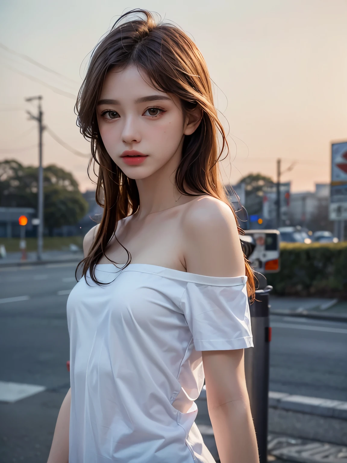 White Shirt, Long Hair, highest quality, masterpiece, Ultra-high resolution, (Realistic:1.4), RAW Photos, One Girl, Off the shoulder, In the Dark, Deep Shadow, Moderate, Golden Ratio, roadside,walk, 20-year-old,Cute Face, Small breasts, Tight shirt,(head shot:1.5)