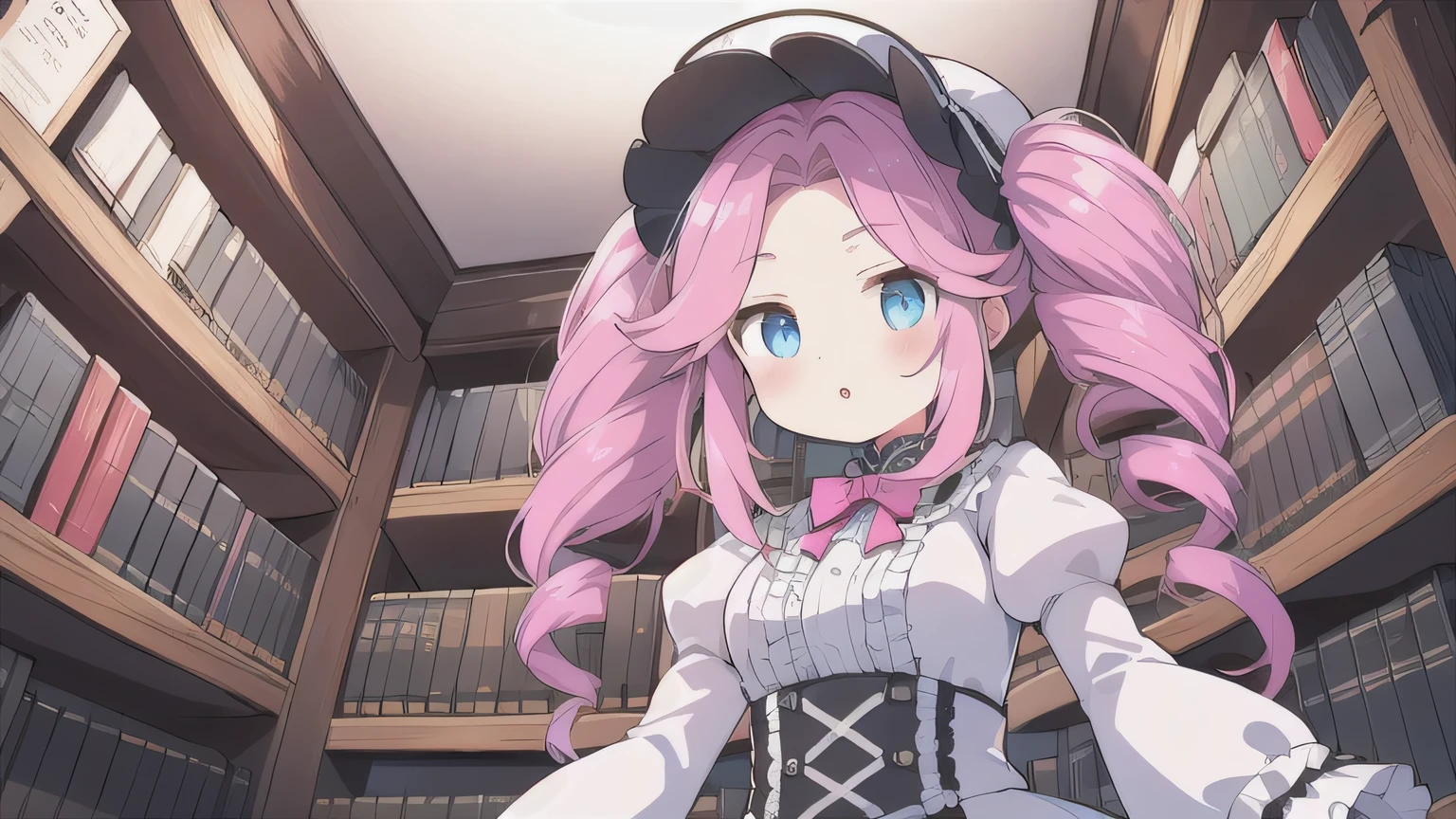 &quot;One Woman&quot;、young、blue eyes、Pink Hair、Long Hair、Drill-shaped twin-tail hairstyle、Wear a brim、White ****ta Fashion、Angle viewed from below、Upper Body、Room with bookshelf