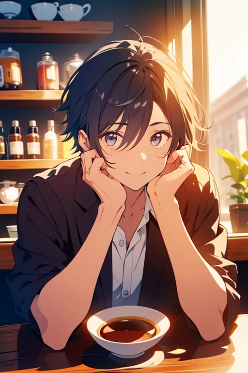 um personagem fofo, charismatic, alegre, cabelos pretos, olhos castanhos, sorriso no rosto, scene in a coffee shop where he works, masculino, cabelos curtos