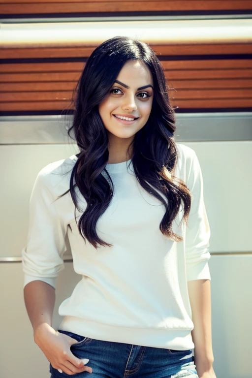 Camila Mendes dressed as a rapper and smiling sexy