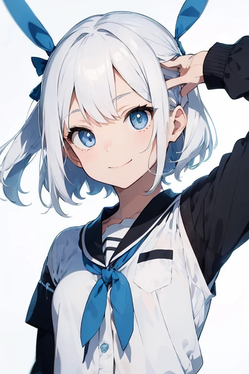 White background, hair changed to bright white hair, cut short, ends slightly swept. Wear a Japanese student shirt Smiling face, light blue eyes, blue ribbon on his shirt. Three-pointed black and white pointed hat