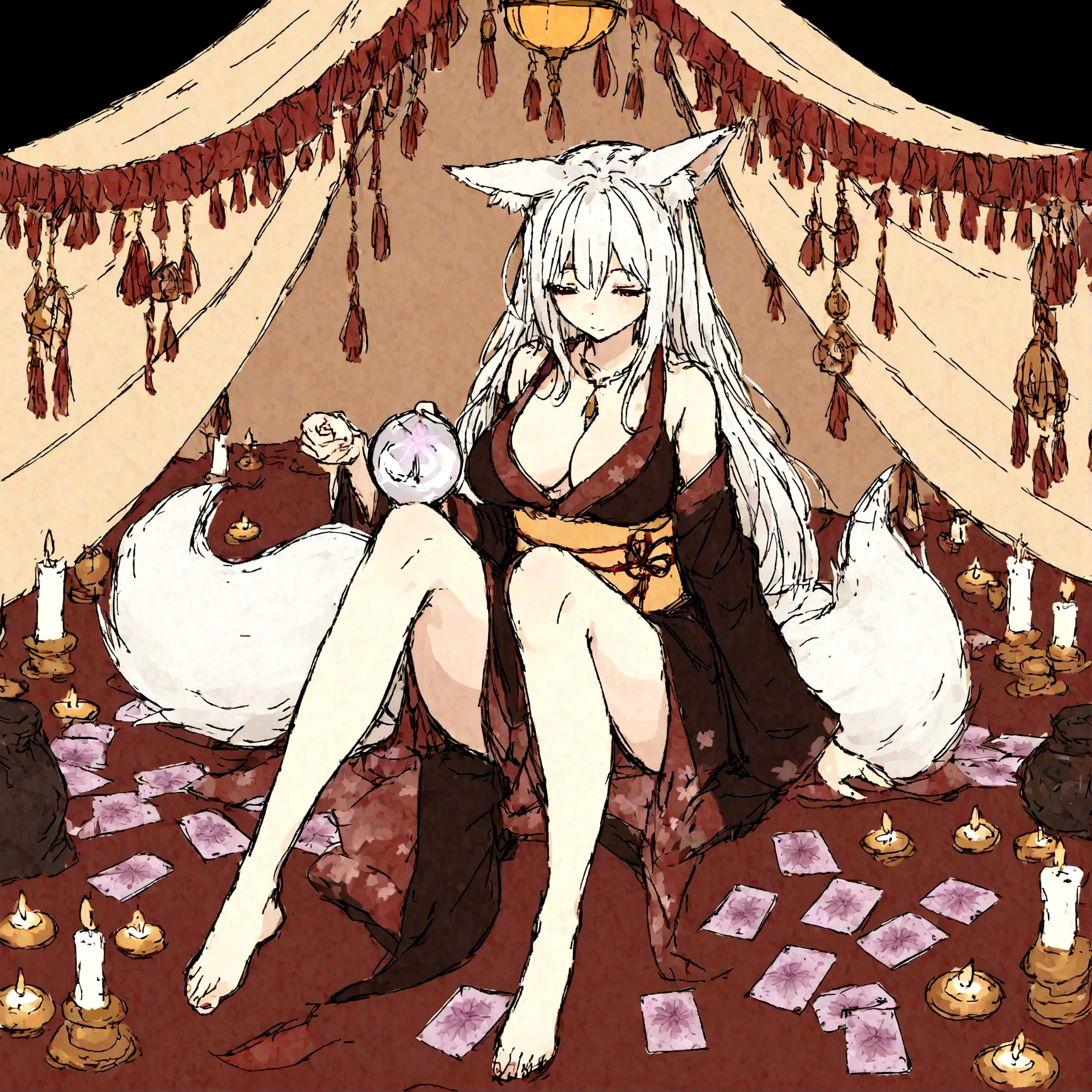 a sexy milf, has very long white hair, breasts, showing cleavage, has fox ears, wearing sakura kimono, in a gypsy tent, reading a crystal ball and surrounded by tarot cards, surrounded by candles, mystical, showing legs, sitting on cloth laden stool, has a table in front of her, has a fox tail