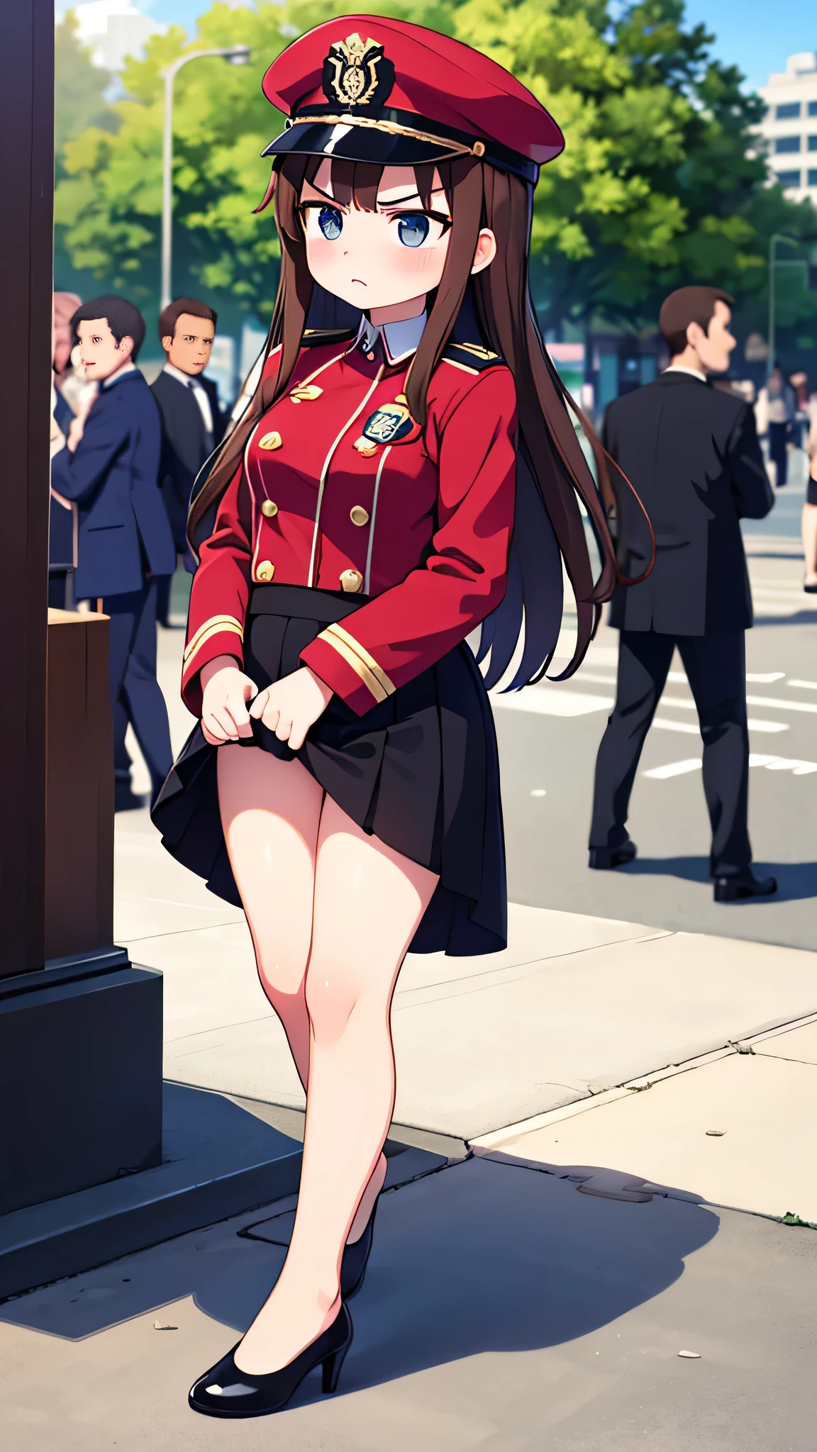 {highest quality], [Super beautiful], [Ultra fine], [Best illustration], NSFW,Brown Hair, Hime cut, Long Hair, With bangs, girl, Uniform cap,Security uniform, Angry face, blush, Slender women,coat,Long straight skirt, walk（Public）Night Park, diagonal, From diagonal, Bare feet and pumps, Plain black pumps
