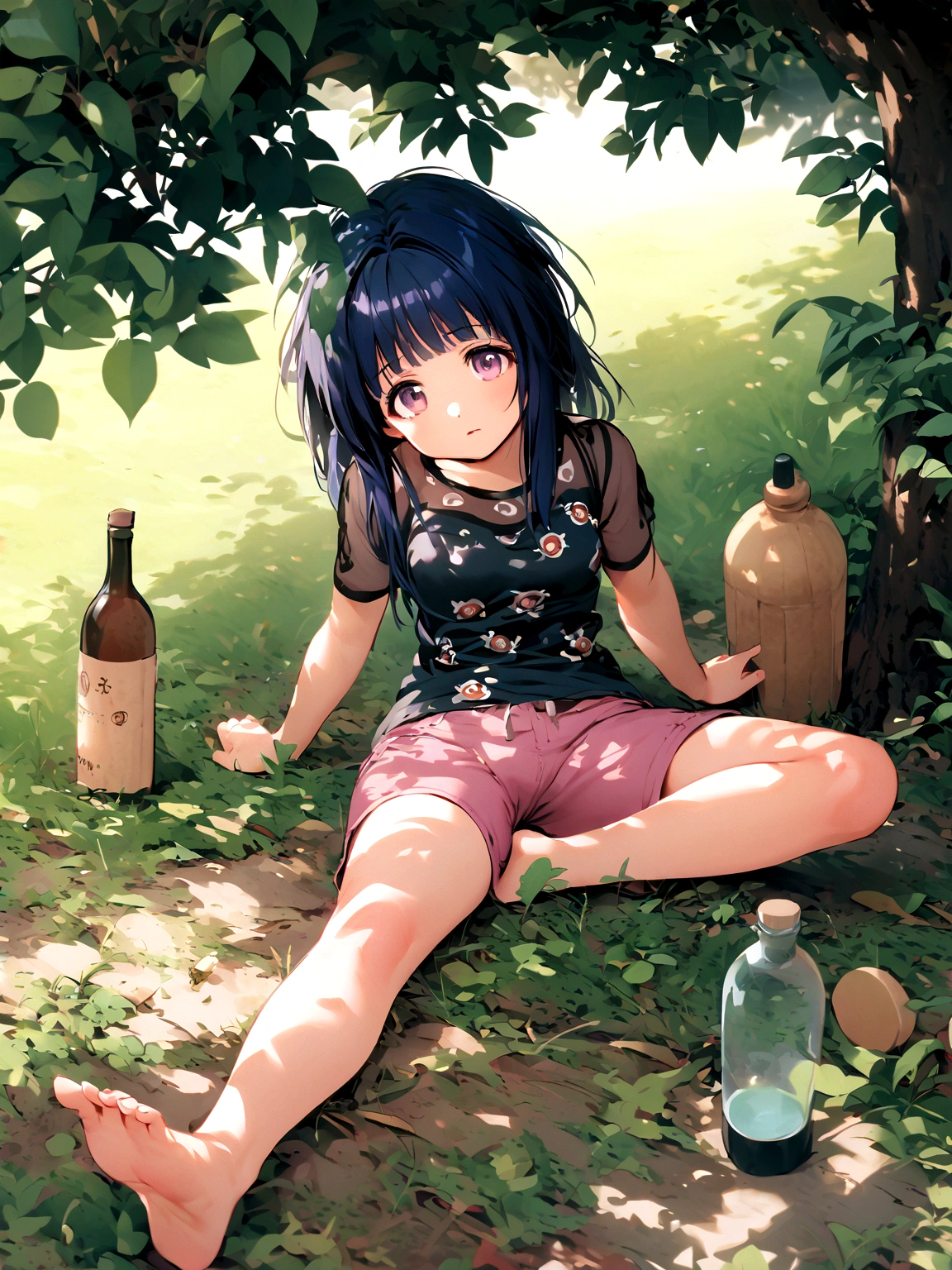 furude rika, Blue Hair, Purple eyes, 1girl, solo, shirt, sitting, short sleeves, outdoors, shorts, barefoot, black shirt, leaf, bottle, grass, plant, t-shirt, print shirt, pink shorts