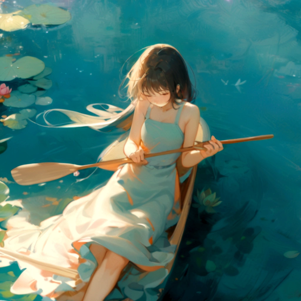 oil painting style,A girl is sitting in a boat in a lotus pond,With a paddle in hand，focus on the character,dragonfly,summer,lotus pond,wide perspective,a lot of white space,masterpiece,bright colors,